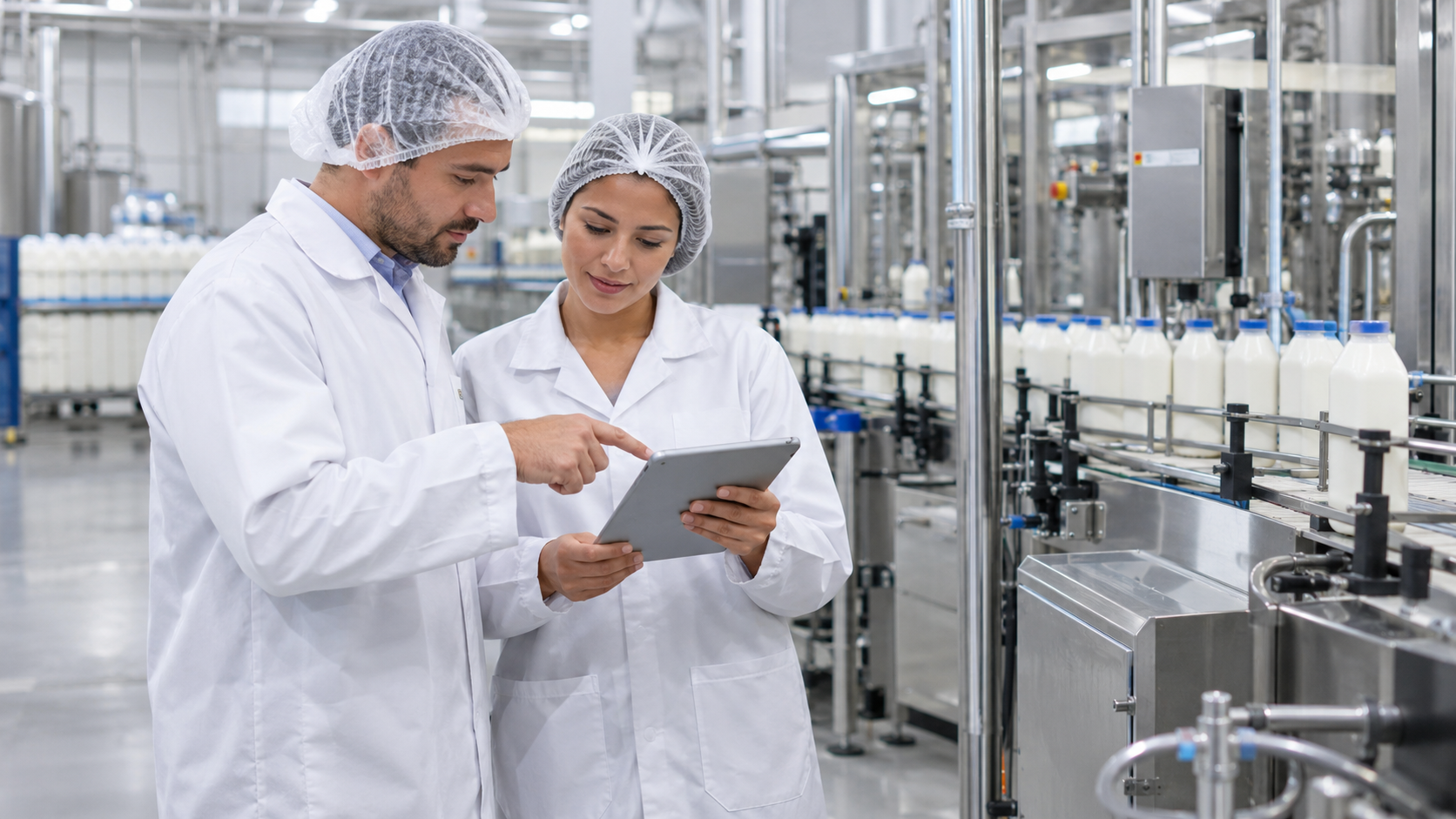 Homem e mulher trabalhando juntos na conferência da produção em uma indústria de laticínios